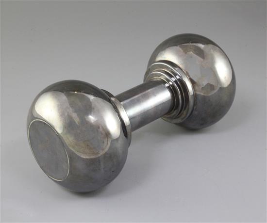 An Asprey & Co novelty silver plated cocktail shaker in the form of a dumbbell, 26.7cm.